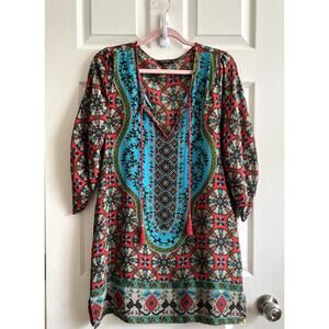 TOLANI 100% Silk Vibrant Bohemian Print Tassle Tunic Top Kaftan Dress Sz M